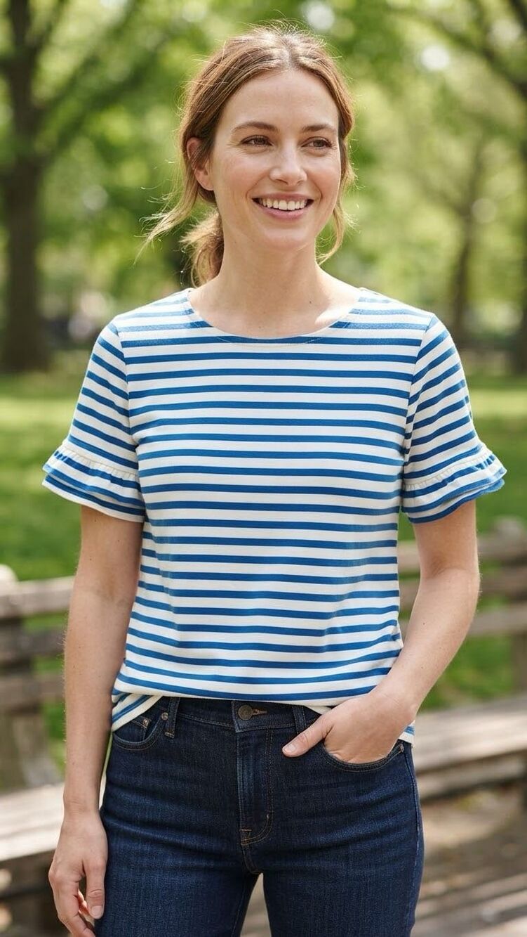 J.Crew Blue White Striped Ruffle Sleeve Tee Top XS 100% Cotton French Sailor